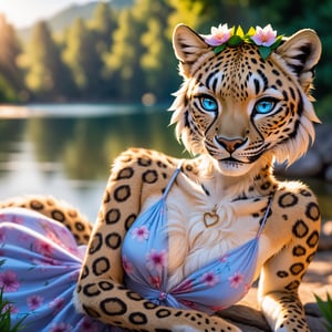 artwork (Highest Quality, 4k, masterpiece, Amazing Details:1.1), (( anthro  furry leopard female)),laying near a lake,medium breast. deep blue eyes, wearing summer dress, (full body:1.3) Shallow Depth of Field, E671, lens 50mm f/2.0,  thin eyebrows, wavy short hair with flower hair ornament, (realistic white fur, detailed fur texture:1.2), ((photorealistic) (RAW Photo)), fangs, smile, sitting, paws, key visual, vibrant, studio anime, highly detailed,, high quality photography, 3 point lighting, flash with softbox, 4k, Canon EOS R3, hdr, smooth, sharp focus, high resolution, award winning photo, 80mm, f2.8, bokeh