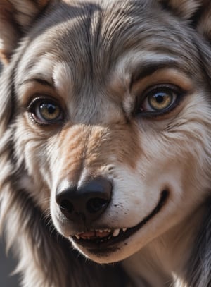 Detailed closeup face  photo, 25 year old  wolf woman, detailed, eyes, fluffy fur , (detailed nose), dog snout, detailed surface