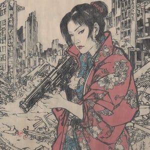 Closeup cyberpunk woman in a destroyed city, holding gun,Ukiyo-e