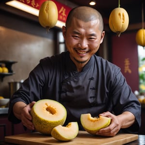Dark moody Color photo, of a Chinese man, cuts a ripe yellow  melon, Chinese restaurant, smile