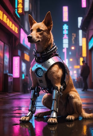 Photo, an partly mechanic dog, robotic parts, in a cyperpunk city, reflective pudles, neon light