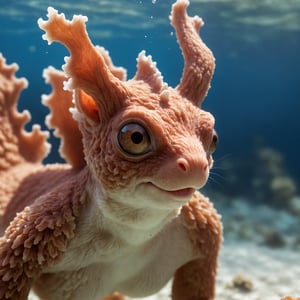 Photo, detailed, closeup of an corall  shaped like a squirell , under water, natural light