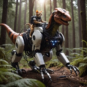 photo, cat is riding , robot dinosour, raptor, full  cables and robotic parts, in a forest, dramatic light