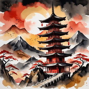 semi-abstract, watercolor, ink, splashes, grunge, gold accents, sumi-e, kintsugi, speed style, pagoda, landscape, mountains, sunset, limited red black gold color palette, signature by TrueBurn, illustration, painting, architecture