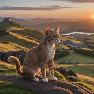 Photo, a cat on a hill Is watching the sunrise offer a beautiful, Scottish landscape 