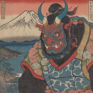 Detailed  closeup colourful ukiyoe of a oni, mount Fuji background ,Ukiyo-e