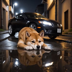 Photo, detailed,photo , an shiba inu dog,  is stare
into the night, dark street, reflective puddles leaning on a sports car