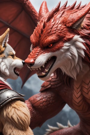  closeup  photo, of an  anthro wolf warrior detailded fluffy fur , fighting against an giant red dragon
