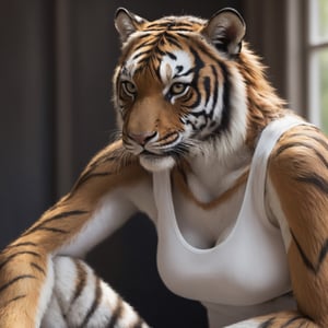 Detailed realistic , photo of a anthro, tiger, female, wearing a white tank top, natural light 
