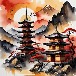 semi-abstract, watercolor, ink, splashes, grunge, gold accents, sumi-e, kintsugi, speed style, pagoda, landscape, mountains, sunset, limited red black gold color palette, signature by TrueBurn, illustration, painting, architecture