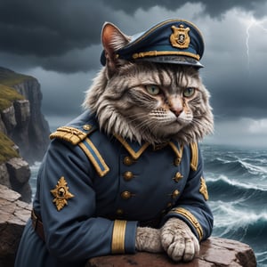 illustration ,closeup portrait of an sad old cat soldier, near standing on a cliff, looking down into a stormy sea, shipwreck 
