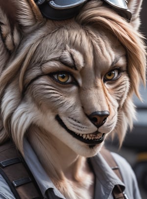 Detailed closeup face  photo, 25 year old  lynx woman, detailed, eyes, fluffy fur , mechanic outfit, fangs