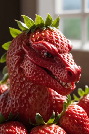detailed realistic close up of a strawberry shaped like a dragon, sitting, natural light