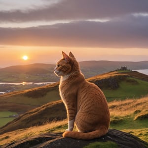 Photo, a cat on a hill Is watching the sunrise offer a beautiful, Scottish landscape 