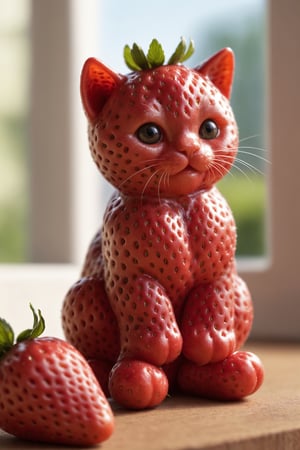 detailed realistic close up of a strawberry shaped like a kitten, sitting, natural light
