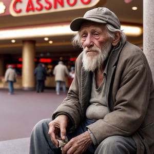 Photo, detailed,photo of a homeless old man, sitting in front of a casino, begging for money, natural light