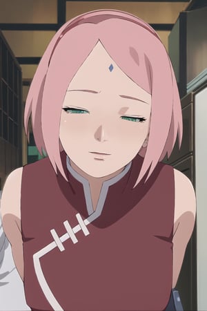masterpiece, 1girl, (incoming_kiss), pov kiss, restaurant, green_eyes, redness_in_face,red sleeveless dress, beautiful, pink_hair, upper_body, perfect_eyes, indoors, cinematic lighting, haruno sakura, atmospheric, face_giving_kiss_to_viewer, red hairband, kissing_viewer, small_breasts, mature_female, forehead mark, seductive_smile, naughty_face,haruno sakura,red sleeveless dress,white pants