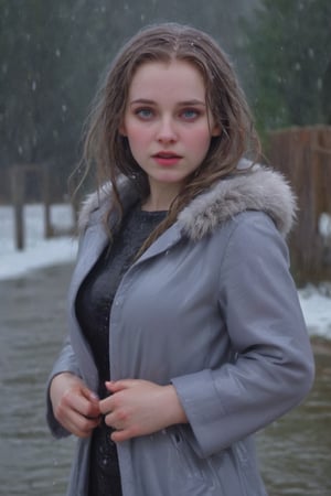 Heavy raining, An concept art of a ethereal wet gothic irish,, 50 mm lens ,, best quality,HDR,UHD,8K,Vivid Colors,solo,photo_,(1girl:1.3),(standing:1.3),(looking at viewer:1.4),Elegant,detailed gorgeous face,(upper body:1.2),bright,(snowing background:1.2),(pale skin:1.4),,Twinkle,winter coat,fur collar,bow,
,
,,Realistic.,, ,soakingwetclothes, wet clothes, wet hair, wet,,3/4 body image ,wet cloths cling to body