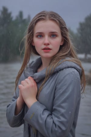 Heavy raining, An concept art of a ethereal wet gothic irish,, 50 mm lens ,, best quality,HDR,UHD,8K,Vivid Colors,solo,photo_,(1girl:1.3),(standing:1.3),(looking at viewer:1.4),Elegant,detailed gorgeous face,(upper body:1.2),bright,(snowing background:1.2),(pale skin:1.4),,Twinkle,winter coat, formal shirt,fur collar,bow,
,
,,Realistic.,, ,soakingwetclothes, wet clothes, wet hair, wet,,3/4 body image ,wet cloths cling to body