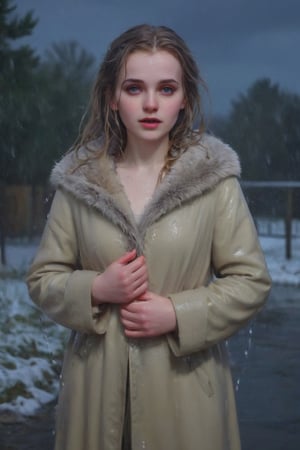 Heavy raining, An concept art of a ethereal wet gothic irish,, 50 mm lens ,, best quality,HDR,UHD,8K,Vivid Colors,solo,photo_,(1girl:1.3),(standing:1.3),(looking at viewer:1.4),Elegant,detailed gorgeous face,(upper body:1.2),bright,(snowing background:1.2),(pale skin:1.4),,Twinkle,winter coat,fur collar,bow,
,
,,Realistic.,, ,soakingwetclothes, wet clothes, wet hair, wet,,3/4 body image ,wet cloths cling to body