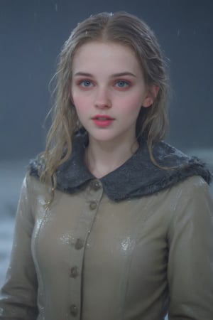 Heavy raining, An concept art of a ethereal wet gothic irish,, 50 mm lens ,, best quality,HDR,UHD,8K,Vivid Colors,solo,photo_,(1girl:1.3),(standing:1.3),(looking at viewer:1.4),Elegant,detailed gorgeous face,(upper body:1.2),bright,(snowing background:1.2),(pale skin:1.4),,Twinkle,winter coat, formal shirt,fur collar,bow,
,
,,Realistic.,, ,soakingwetclothes, wet clothes, wet hair, wet,,3/4 body image ,wet cloths cling to body
