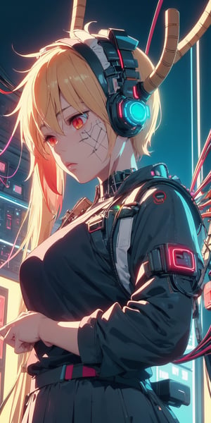 1boy, with a Cyberpunk VR on face, intrincate details, wires of all colors, fluorescent colora wires,vibrant colors, neon lights, futuristic, intrincate,tohru, Maid uniform ,Cyberpunk VR 