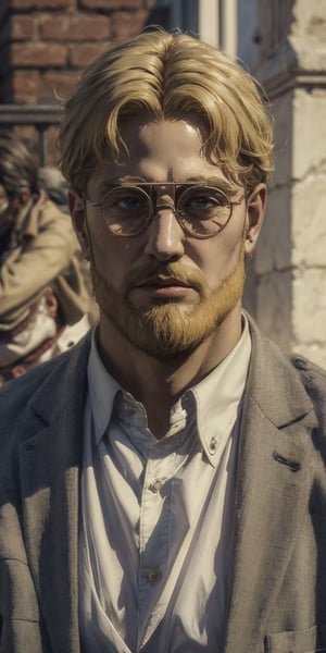 photorealistic,high quality,Zeke Yeager, blonde, beard, glasses, handsome,Zeke Yeager 