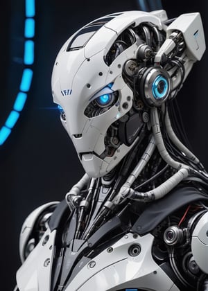 a highly advanced and futuristic robot, intricately designed with a combination of sleek white and metallic components. The robot's head is adorned with various sensors and cameras, including a glowing blue light on one side, suggesting advanced visual or analytical capabilities. Its faceplate is smooth and streamlined, possibly with a visor or display panel.
The robot's body is a complex assembly of mechanical parts, including exposed cables, tubes, and joints, indicative of sophisticated engineering. The chest area features a central blue light, perhaps serving as a power indicator or another type of sensor. Overall, the design is highly detailed, suggesting a high level of functionality and versatility, with a possible emphasis on both aesthetic appeal and technical performance.
The background hints at a natural environment with greenery and an underwater-like setting, adding an intriguing contrast between the organic surroundings and the advanced technological figure.,txznmec