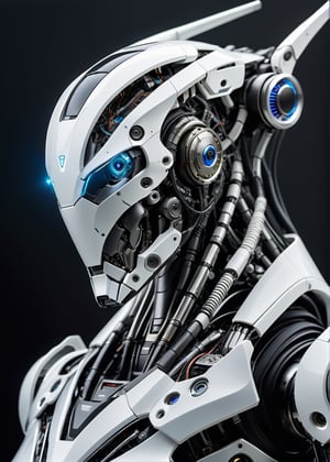 a highly advanced and futuristic robot, intricately designed with a combination of sleek white and metallic components. The robot's head is adorned with various sensors and cameras, including a glowing blue light on one side, suggesting advanced visual or analytical capabilities. Its faceplate is smooth and streamlined, possibly with a visor or display panel.
The robot's body is a complex assembly of mechanical parts, including exposed cables, tubes, and joints, indicative of sophisticated engineering. The chest area features a central blue light, perhaps serving as a power indicator or another type of sensor. Overall, the design is highly detailed, suggesting a high level of functionality and versatility, with a possible emphasis on both aesthetic appeal and technical performance.
The background hints at a natural environment with greenery and an underwater-like setting, adding an intriguing contrast between the organic surroundings and the advanced technological figure.