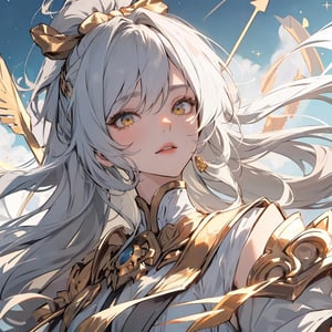 a woman, long gray hair collected in a ponytail, golden eyes, light alo on the head, Holding a white bow, golden details, arrows of light, plowing. Celestial background                                                                                                                                                                                                                                                                                                                                                                                                                                                                                                                                                                       