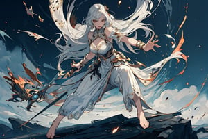 masterpiece, best quality, ultra detailed, 1 old woman, highly detailed, perfect face, (perfect female body), A goddess (woman), long gray hair, golden eyes, imposing, white skin, barefoot, long silk dress with lace. angry, holding a bow, ready to attack. Detailed rustic artistic cinematic lighting with environmental particles, in the sky, divine, all-powerful, full body POSE DYNAMICA. tones, dark environments, low light