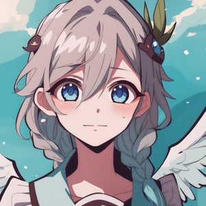 1girlmasterpiece, best quality, portrait, ultra detailed, very detailed, perfect face, short hair, blue braided hair, gray blue eyes. blushing, hanako-kun_style ,venti (genshin impact) dynamic light, particles in the environment, angelic, adorable 
