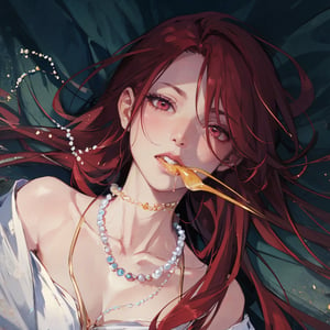 close-up, masterpiece, best quality, portrait, ultra detailed, 1 woman, highly detailed, perfect face, long hair, dark red hair, red eyes.  Lying on a blanket, chewing on a pearl necklace