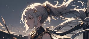 a woman, long gray hair collected in a ponytail, golden eyes, light alo on the head, angry profile. Holding a white bow, golden details, arrows of light, plowing. Celestial background                                                                                                                                                                                                                                                                                                                                                                                                                                                                                                                                                                        . Detailed rustic artistic cinematic lighting with environmental particles, tones, dark environments, low light,greek clothes