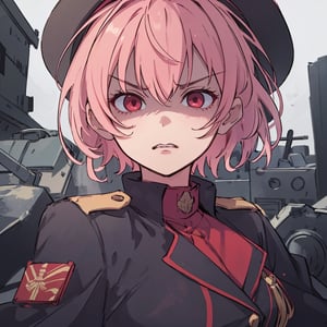 masterpiece, best quality, ultra detailed, 1 old woman, very detailed, perfect face, short hair, pale pink hair, pink eyes (perfect female body), brown military clothing dress, military hat. Serious and dead look, war, full of hatred, terrifying. Red tones, dark environments, low light,eexpr,disgust_face