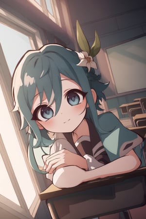1girlmasterpiece, best quality, portrait, ultra detailed, very detailed, perfect face, short hair, blue braided hair, gray blue eyes. hanako-kun_style, ,venti (genshin impact)dutch angle, dynamic pose,looking at viewer, classroom,indoors,day,sunbeam,small breasts,hanako-kun_style,venti (genshin impact)