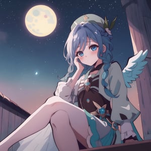 1girl, masterpiece, best quality, portrait, ultra detailed, very detailed, perfect face, short hair, blue braided hair, gray blue eyes. blushing, hanako-kun_style ,venti (genshin impact) dynamic light, particles in the environment, angelic, adorable, dynamic pose, sitting on the roof under the moonlight, stars