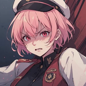 masterpiece, best quality, ultra detailed, 1 old woman, very detailed, perfect face, short hair, pale pink hair, pink eyes (perfect female body), brown military clothing dress, military hat. Serious and dead look, war, full of hatred, terrifying. Red tones, dark environments, low light,eexpr,disgust_face