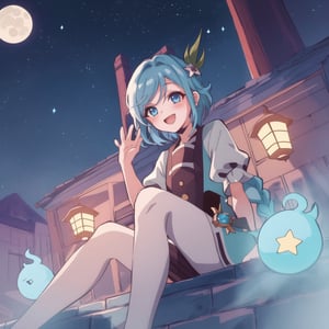 1girl, masterpiece, best quality, portrait, ultra detailed, very detailed, perfect face, short hair, blue braided hair, gray blue eyes. blushing, hanako-kun_style ,venti (genshin impact) dynamic light, particles in the environment, adorable, dynamic pose, so happy, dynamic pose, sitting on the roof under the moonlight, stars