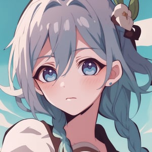 1girlmasterpiece, best quality, portrait, ultra detailed, very detailed, perfect face, short hair, blue braided hair, gray blue eyes. blushing, hanako-kun_style ,venti (genshin impact)dutch angle, dynamic pose,looking at viewer
