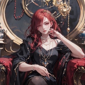 masterpiece, best quality, portrait, ultra detailed, 1 woman, highly detailed, perfect face, long hair, dark red hair, red eyes.  wearing pearls, extravagant and elegant clothes, showing if hand, round scar on hand, hole on hand, like jesus 