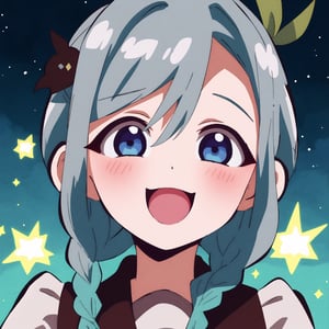 1girl, masterpiece, best quality, portrait, ultra detailed, very detailed, perfect face, short hair, blue braided hair, gray blue eyes. blushing, hanako-kun_style ,venti (genshin impact) dynamic light, particles in the environment, adorable, dynamic pose, so happy, dynamic pose