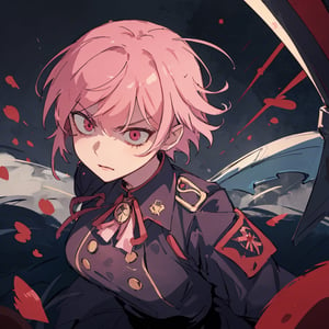 masterpiece, best quality, ultra detailed, 1 old woman, very detailed, perfect face, short hair, pale pink hair, pink eyes (perfect female body), brown military clothing dress, military hat. Serious and dead look, war, holding a scythe, full of hatred, terrifying. Red tones, dark environments, low light,eexpr