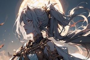 a woman, long gray hair collected in a ponytail, golden eyes, light alo on the head, angry profile. Holding a white bow, golden details, arrows of light, plowing. Celestial background                                                                                                                                                                                                                                                                                                                                                                                                                                                                                                                                                                        . Detailed rustic artistic cinematic lighting with environmental particles, tones, dark environments, low light,greek clothes