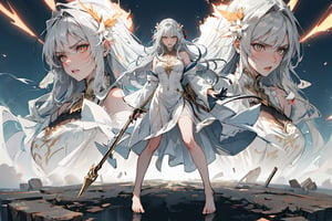 A goddess (woman), long gray hair, golden eyes, imposing, white skin, barefoot, long silk dress with lace. angry, holding a bow, ready to attack. detailed rustic artistic cinematic lighting with environmental particles, in the sky, divine, all-powerful, full body
                                                                                                                                                                                                                                                                                                                                                                                                                                                                                                                                                                                                                                                                                                                                                                                                                                                                                                                                                                                                                                                                                                                                                                                                                                                                    