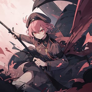 masterpiece, best quality, ultra detailed, 1 old woman, very detailed, perfect face, short hair, pale pink hair, pink eyes (perfect female body), brown military clothing dress, military hat. Serious and dead look, war, holding a scythe, full of hatred, terrifying. Red tones, dark environments, low light