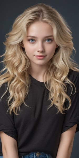 ((Generate hyper realistic half body portrait of  captivating scene featuring a stunning 20 years old girl,)) with medium long blonde hair,  flowing curls,  frontal view, little smile, donning a jeans shorts and a black tee with sleeves rolled up, arm raised over his forehead,  piercing, blue eyes, photography style , Extremely Realistic,  ,photo r3al