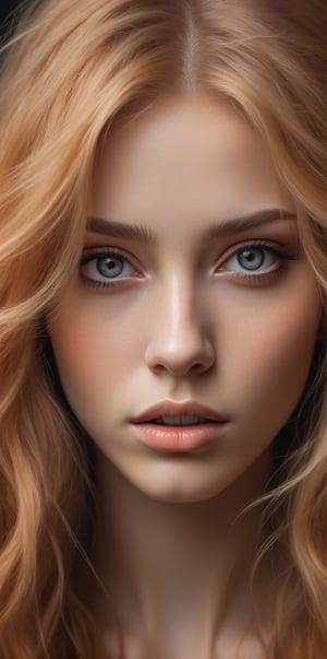 Generate hyper realistic close portrait of a beautiful girl, long messy light orange hair,  dark bacground, very detailed beautiful eyes. Very detailed, provocative face, (dynamic provocative pose), soft colors artwork, hight detailed,