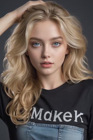 ((Generate hyper realistic close portrait of  captivating scene featuring a stunning 20 years old girl,)) with medium long blonde hair,  flowing curls,  frontal view, donning a jeans shorts and a black tee with sleeves rolled up and the text 25 K, arm raised over his forehead,  piercing, blue eyes, photography style , Extremely Realistic,  ,photo r3al
