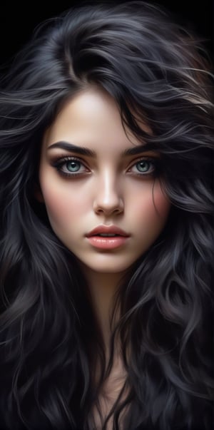 Generate hyper realistic close portrait of a beautiful girl, long messy black hair,  dark bacground, very detailed beautiful eyes. Very detailed, provocative face, (dynamic provocative pose), soft colors artwork, hight detailed,